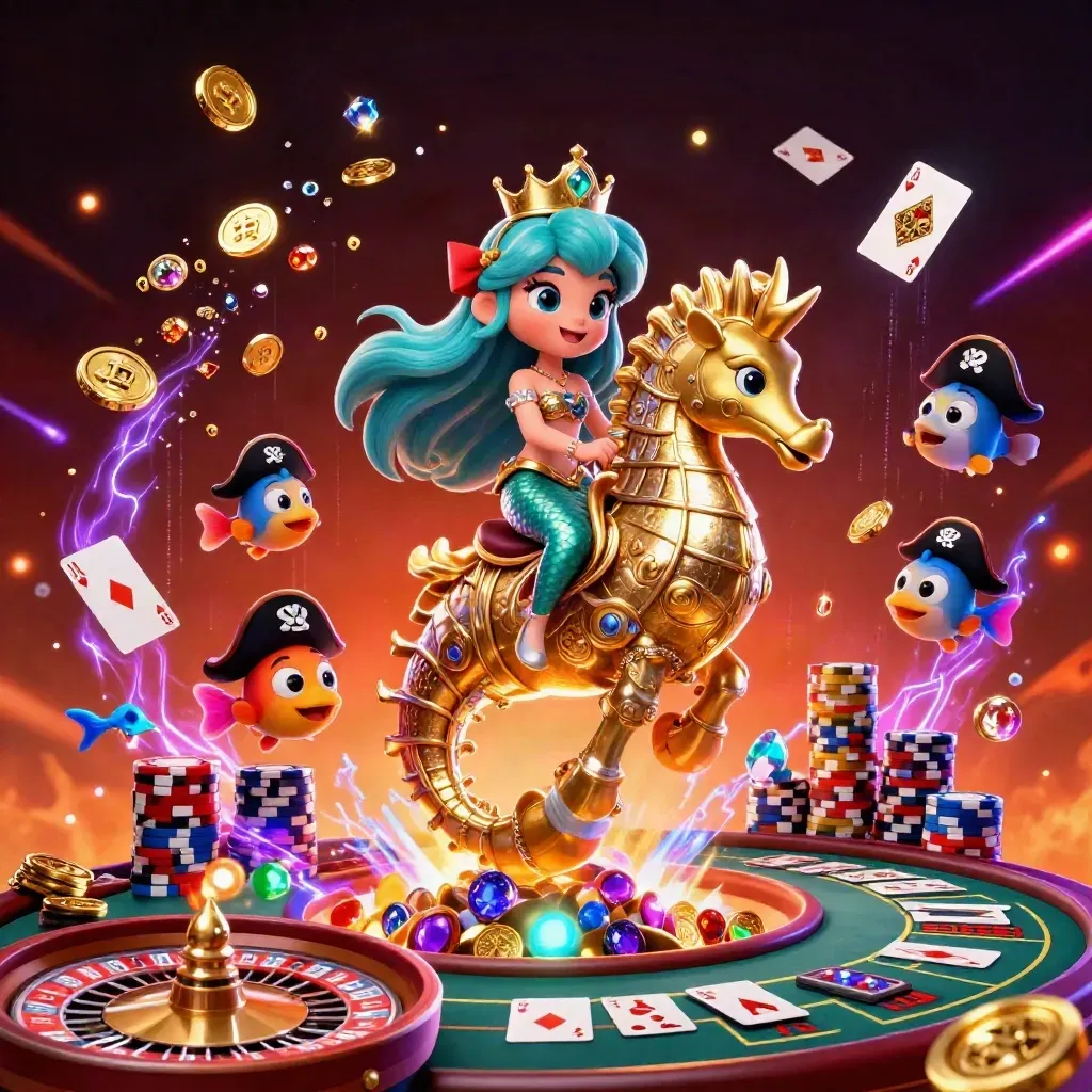 Mermaid princess on a golden seahorse amid coins, chips, roulette wheel and neon casino glow.