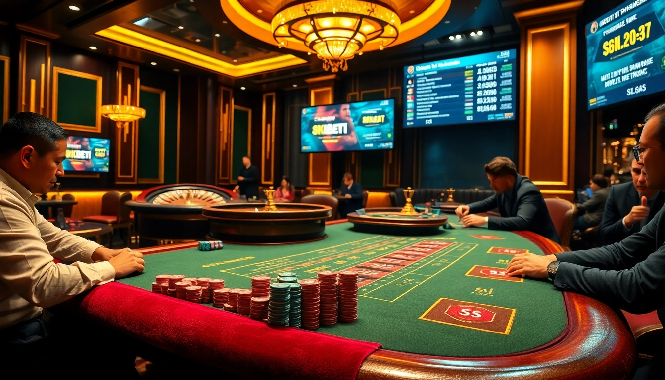 Engaged players at a luxurious casino gaming table showcasing 8kbet1 chips and cards.