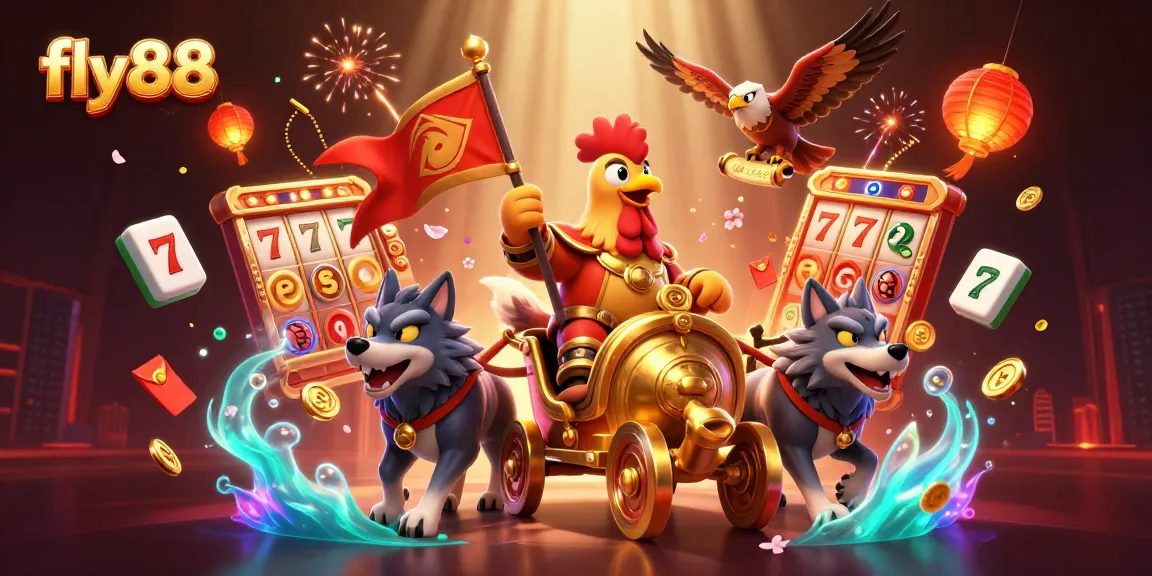 Experience tension and excitement with fly88 casino games as a cartoon rooster warlord leads the charge in a vibrant 3D illustration.