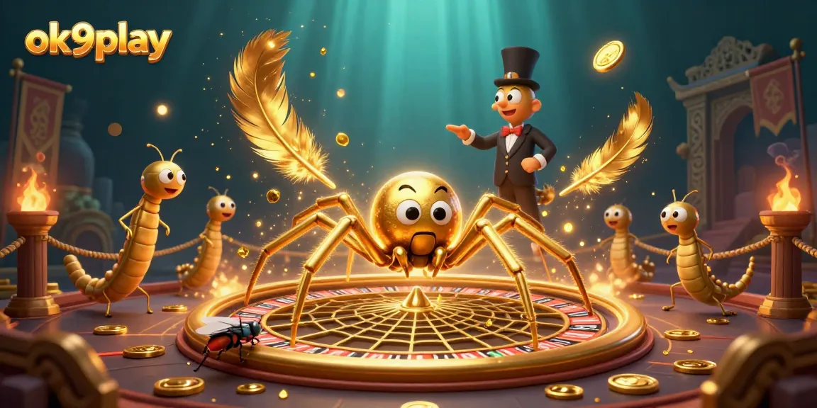 Engage in thrilling bets at ok9play with a dramatic roulette-themed spider spinning a winning web.