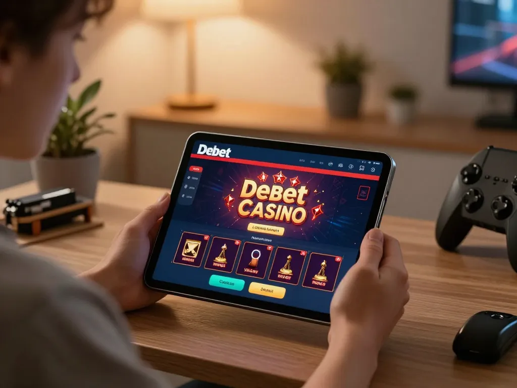 Engaging in debet casino app gameplay on a sleek tablet in a cozy home office.