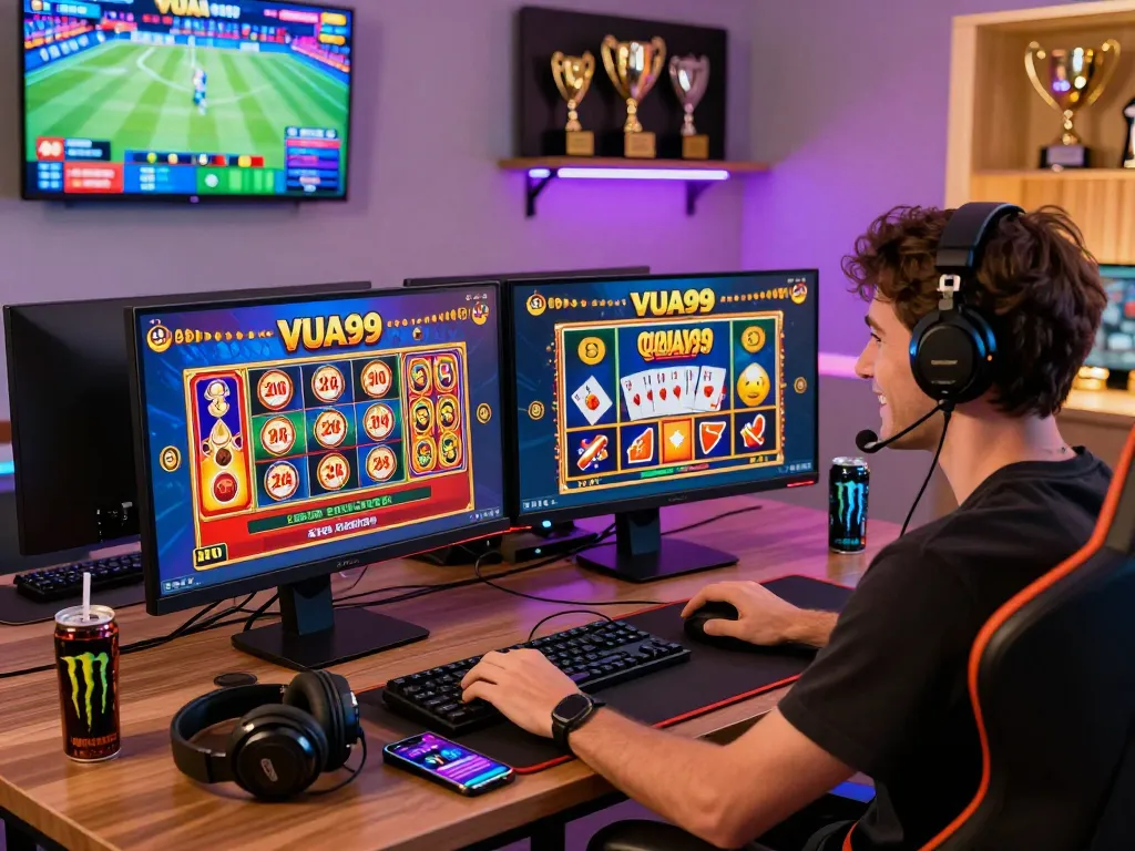 Engaged user on VUA99 online gaming platform at a vibrant gaming setup.