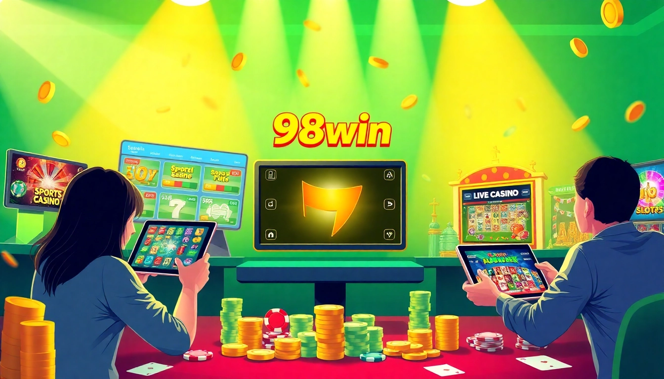 Engaging gaming scene on 98win trang chu with sports, casino, and vibrant colors.