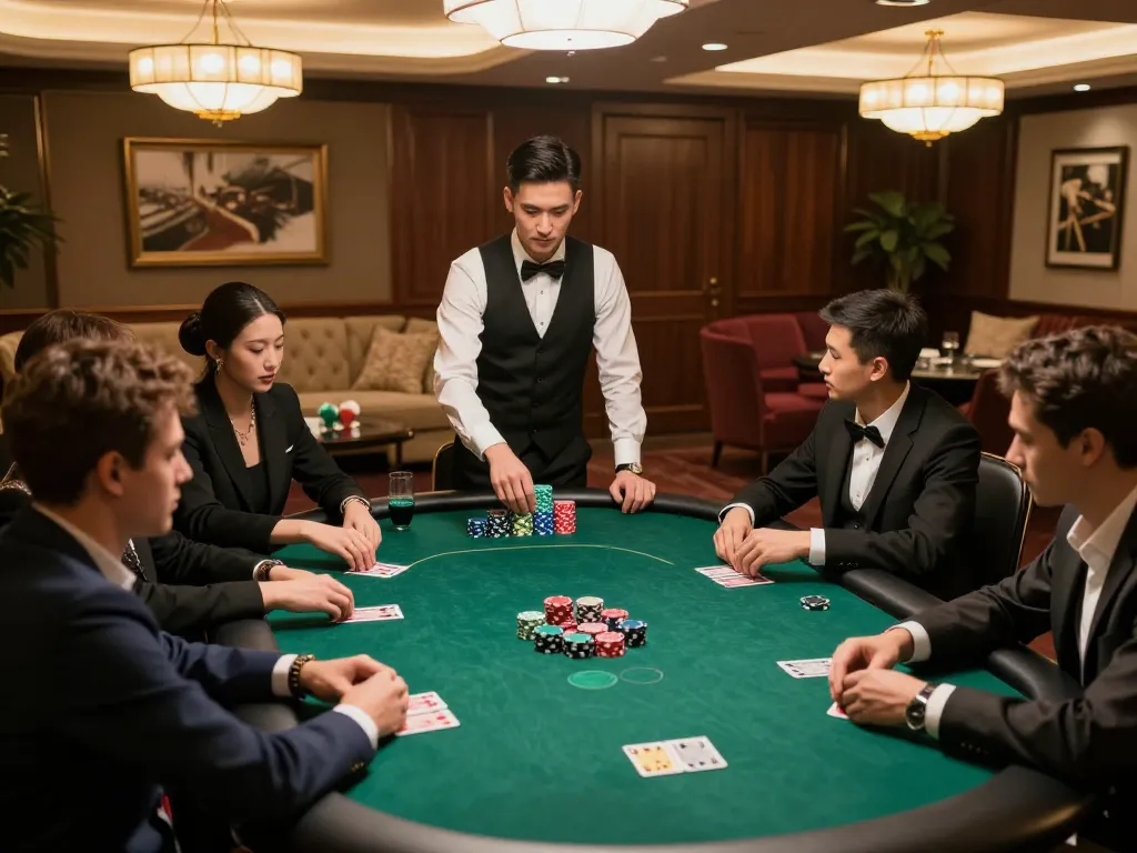 ngiyaw-ebooks poker players engaging in high-stakes game with chips and cards at elegant table