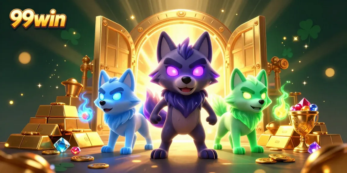 Engage with the thrilling 99win casino experience featuring glowing wolf spirits and overflowing treasure.