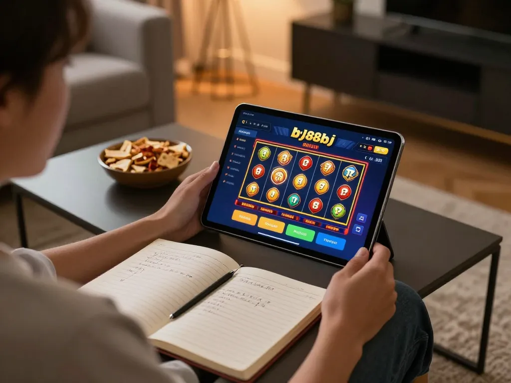 Person engaging with the bj88bj online casino app, showcasing a vibrant gaming interface in a cozy living room.