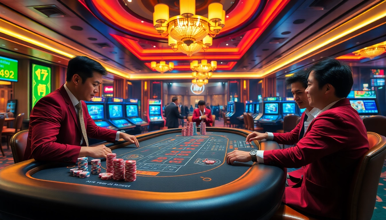 Tài xỉu MD5 game table with enthusiastic players engaging in high-stakes wagering.