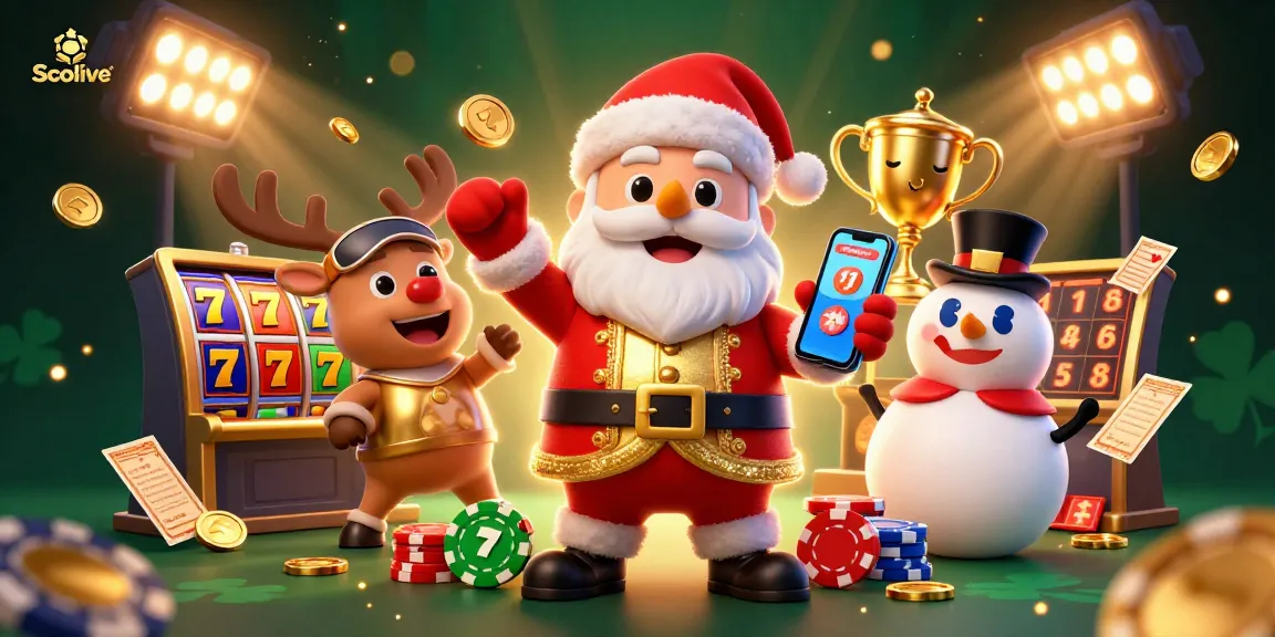 Socolive provides thrilling slot action with Santa Claus and colorful characters in a festive casino scene.
