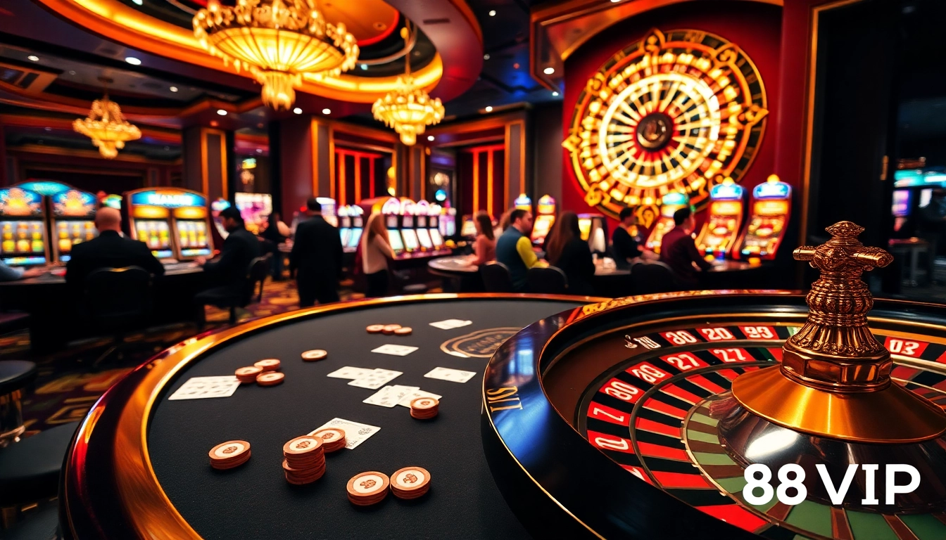 Exciting gaming atmosphere showcasing 68VIP casino with slots, roulette, and poker.