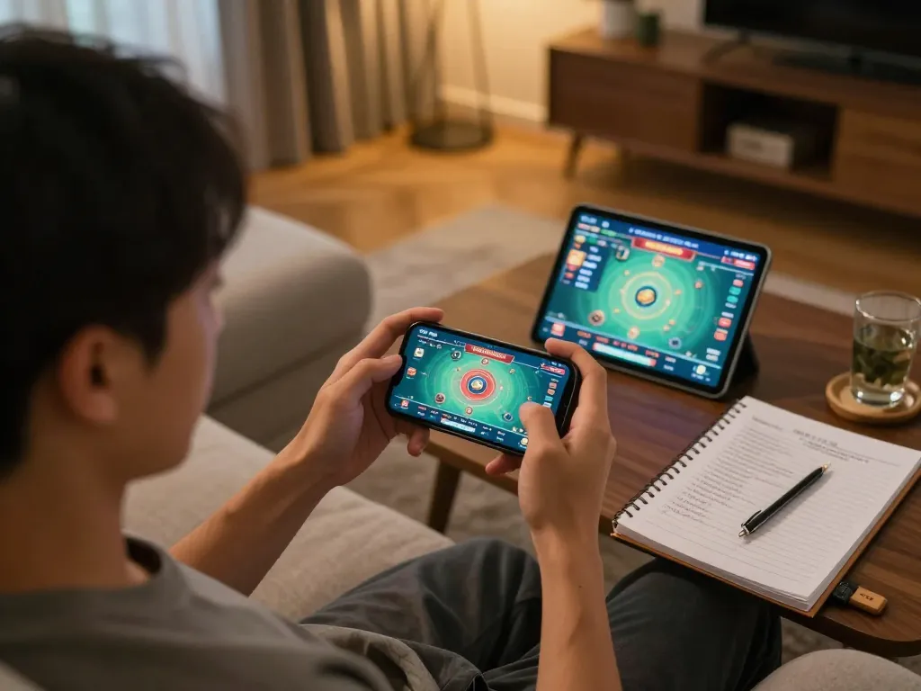 Enjoying the Trang tài xỉu online game on a smartphone in a cozy home setting, highlighting strategic gameplay.