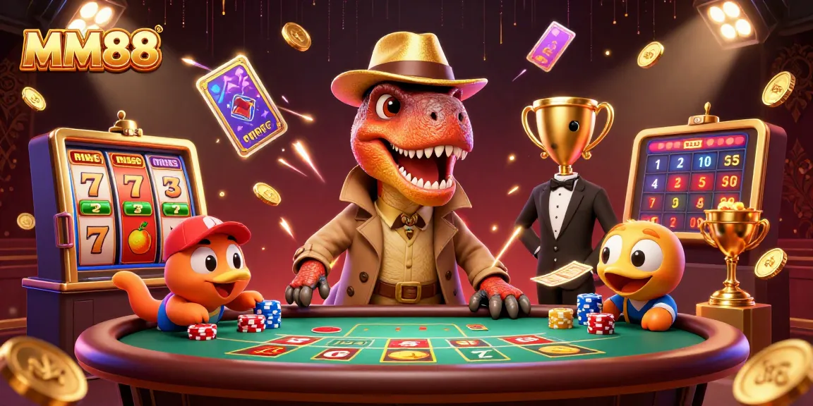 MM88 velociraptor card counter sneaks at a blackjack table with jackpot reels and golden elements.