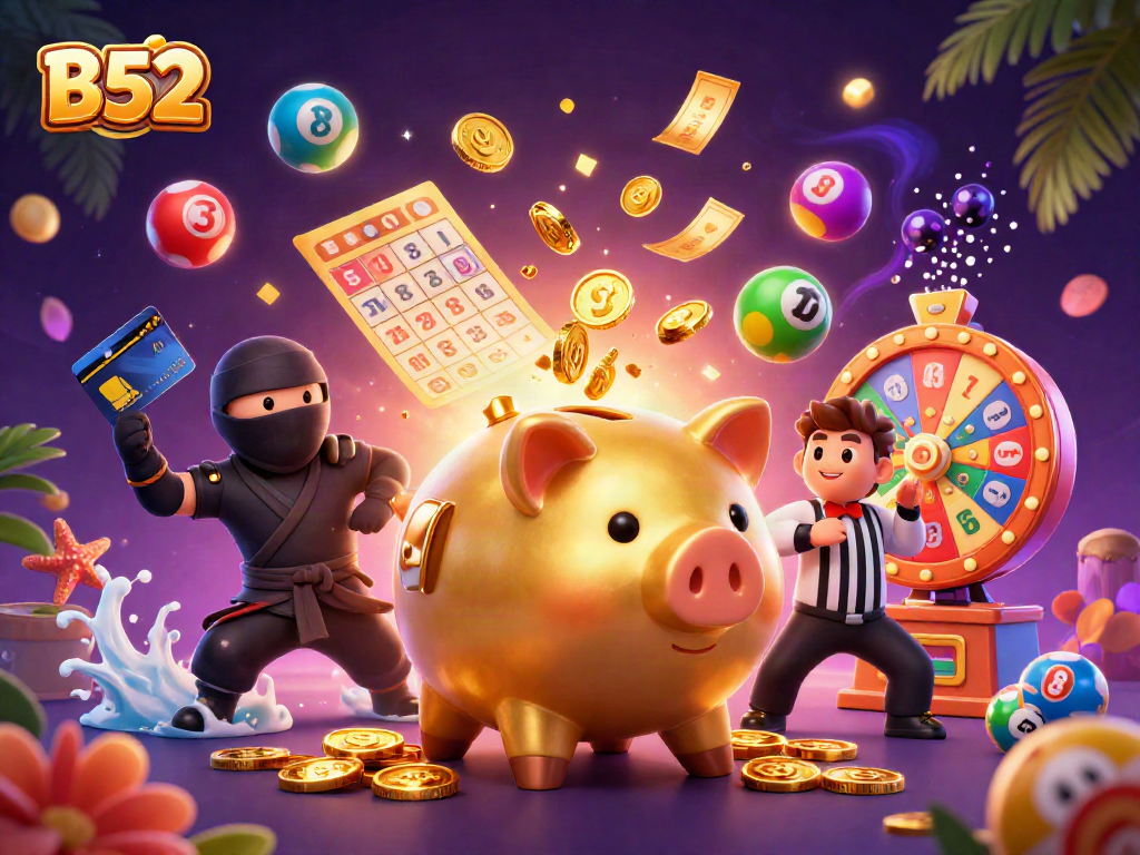 Join the B52 excitement as the sumo piggy bank battles a ninja in a vibrant casino scene.