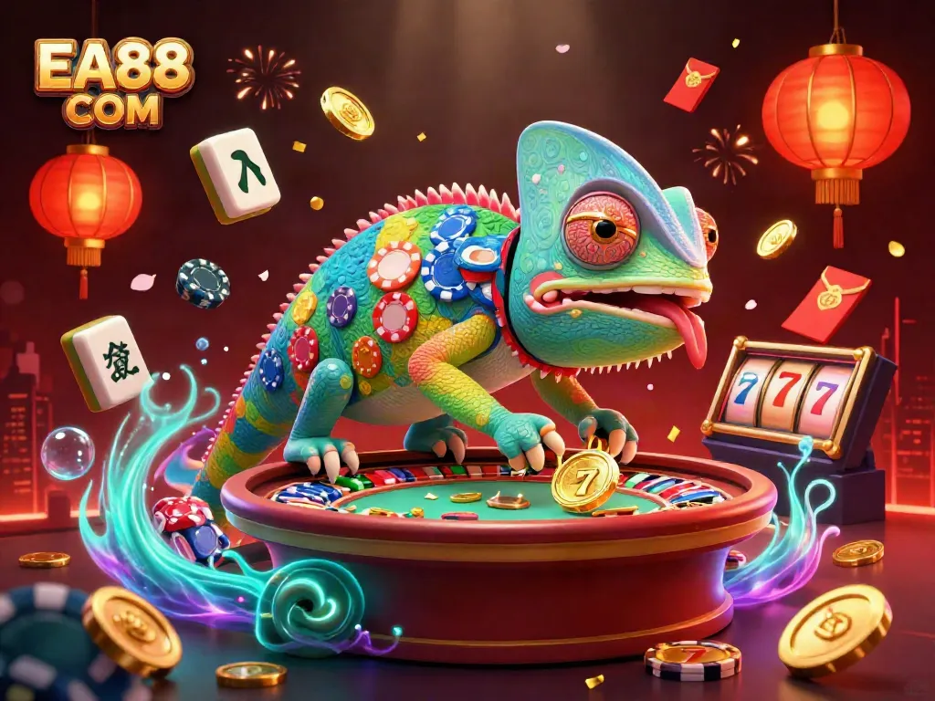 Engage in thrilling gaming moments with EA88 COM, a vibrant casino scene filled with 3D elements and rich details.