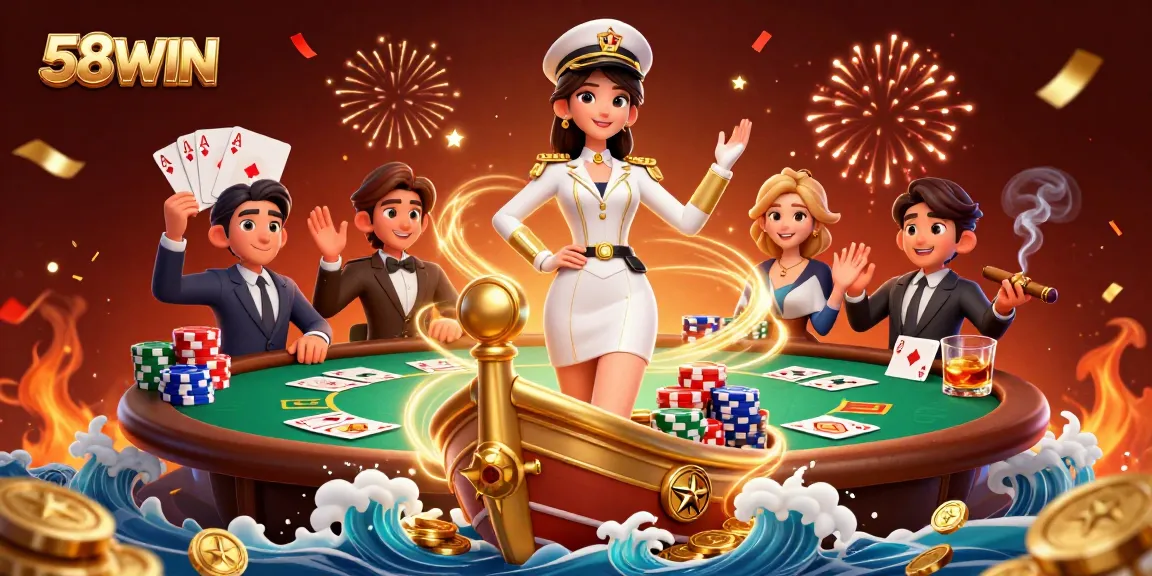 Win big at 58WIN with a vibrant casino scene featuring poker tables and chips.