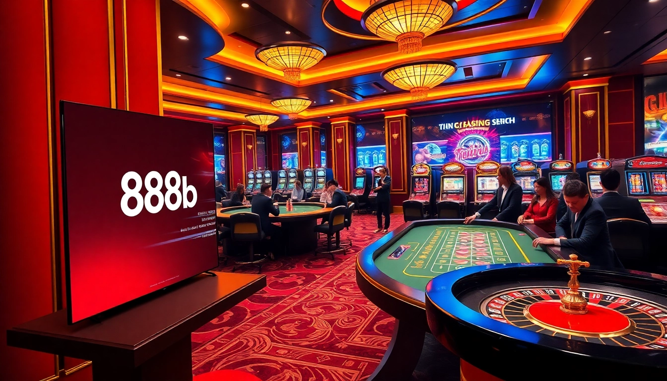 User interacting with the digital platform on trang chủ 888b, surrounded by casino elements like poker chips and roulette wheels, capturing the essence of online gambling.