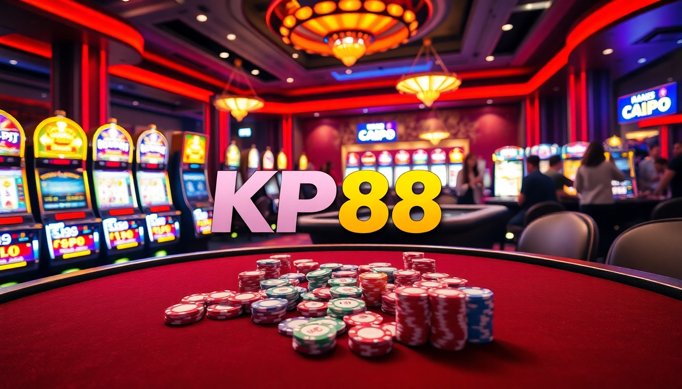 KP88 players enjoy thrilling moments at a luxurious casino table with vibrant poker chips and cards.