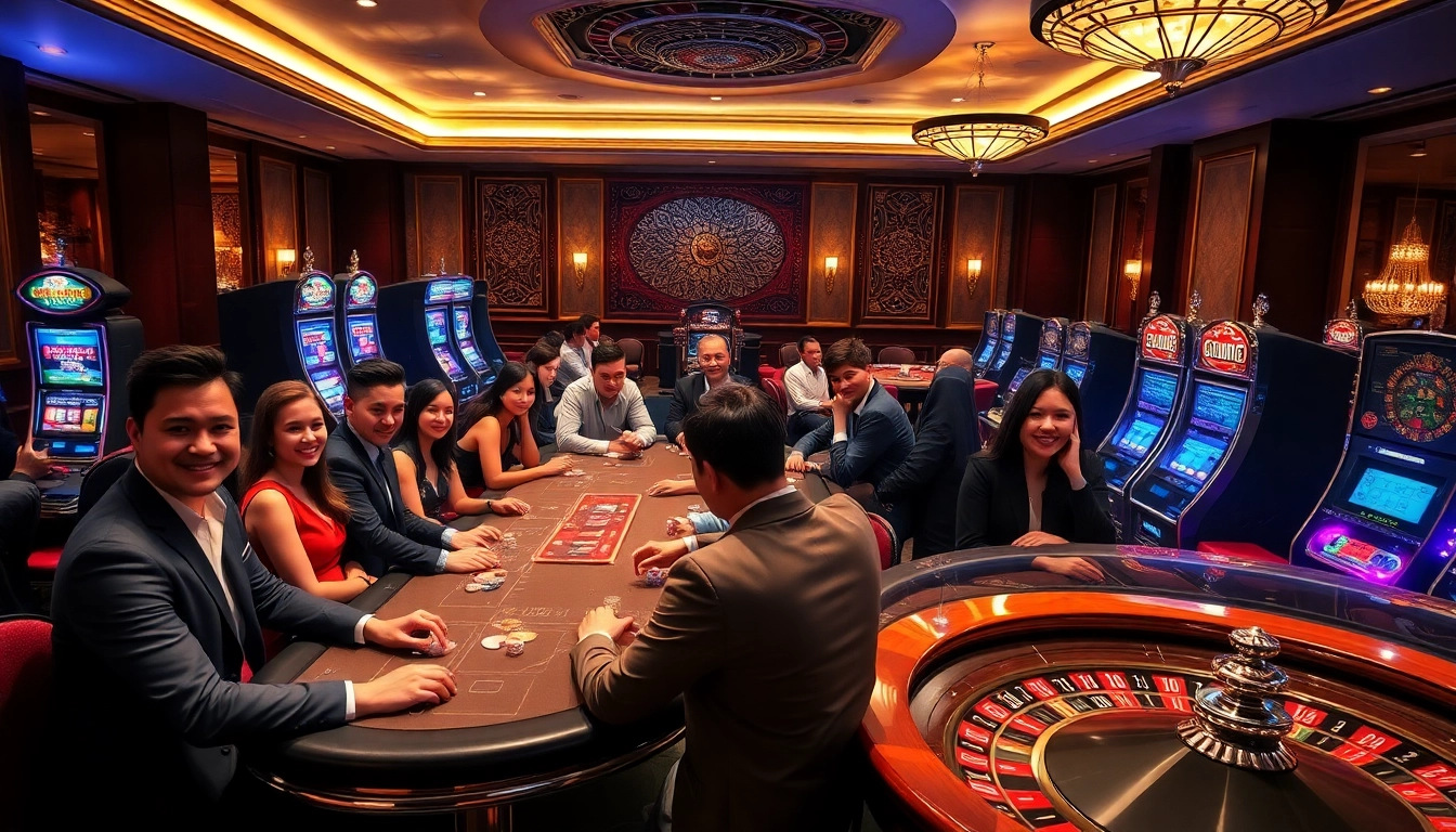 Players engaging at https://urr88.com/ casino tables, capturing excitement and camaraderie in a luxurious setting.