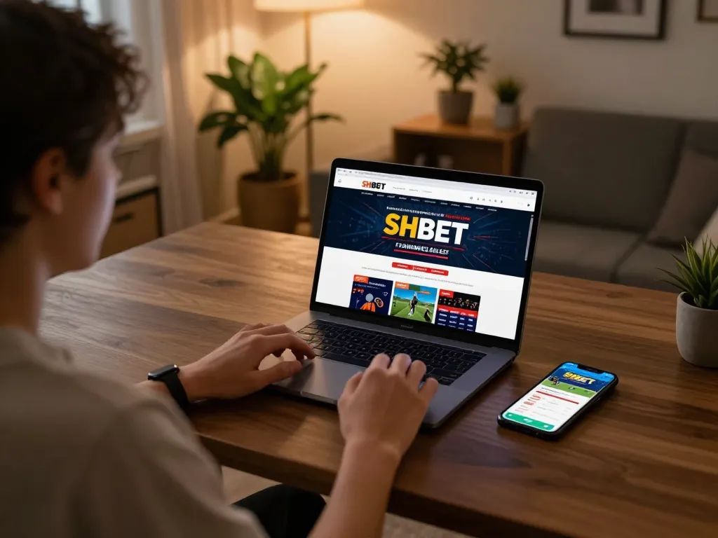 Engaging in SHBET online gaming with a laptop and betting apps at a stylish home desk.
