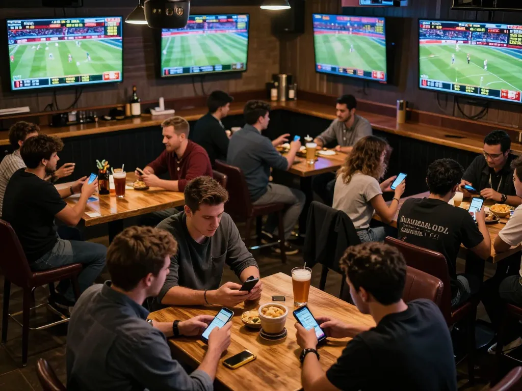 Exciting sports betting scene with bettors engaging on phones and screens, highlighting 789p's thrilling odds and strategies.