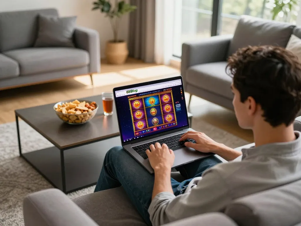 Playing colorful slot games on the 888top homepage from home, enjoying a relaxed gaming session.