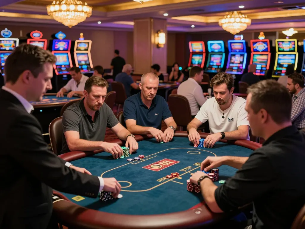 SHBET players strategizing at a lively casino table, engaged in high-stakes poker.