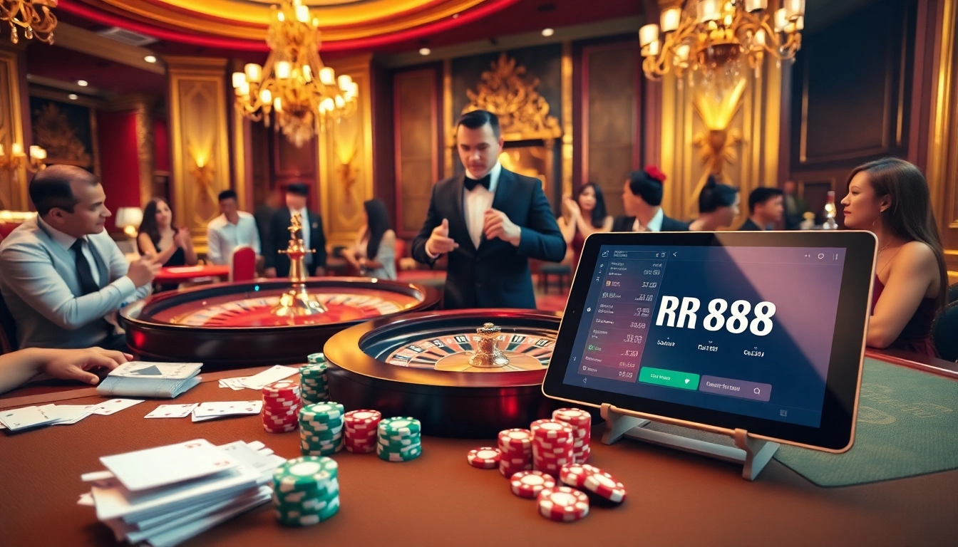 Engaging scene of gamblers celebrating their wins with the RR888 online betting interface prominently displayed.
