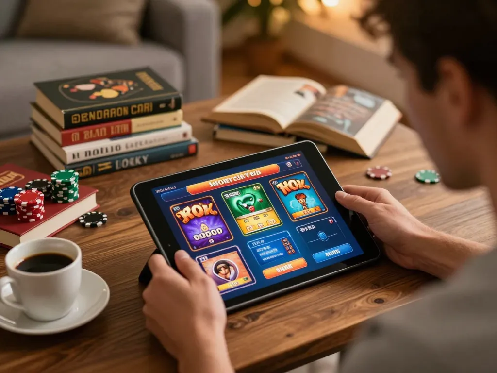 Engaging online gaming session at home featuring king88 on tablet, inviting environment, strategic play.