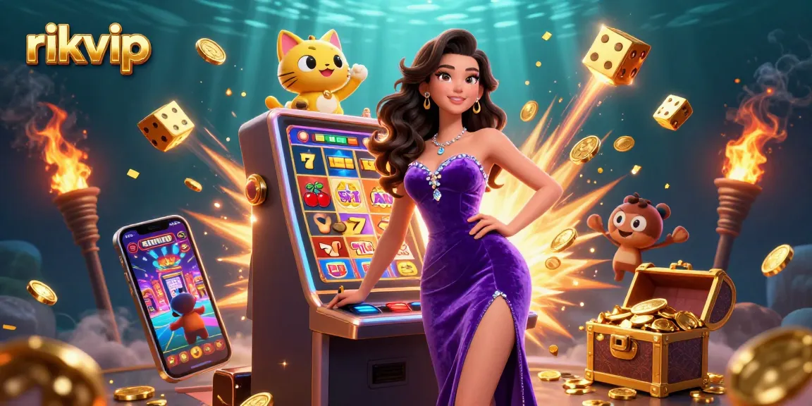 Experience the excitement of rikvip with a dazzling jackpot scene featuring slots, coins, and treasures.