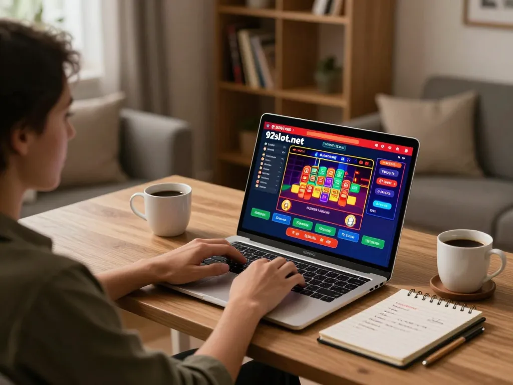 Engaging with 92slot.net on a laptop in a modern home office for an exciting online casino experience.