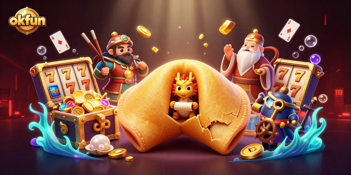 Join the excitement at okfun with a vibrant, packed scene featuring lucky games and unique characters.