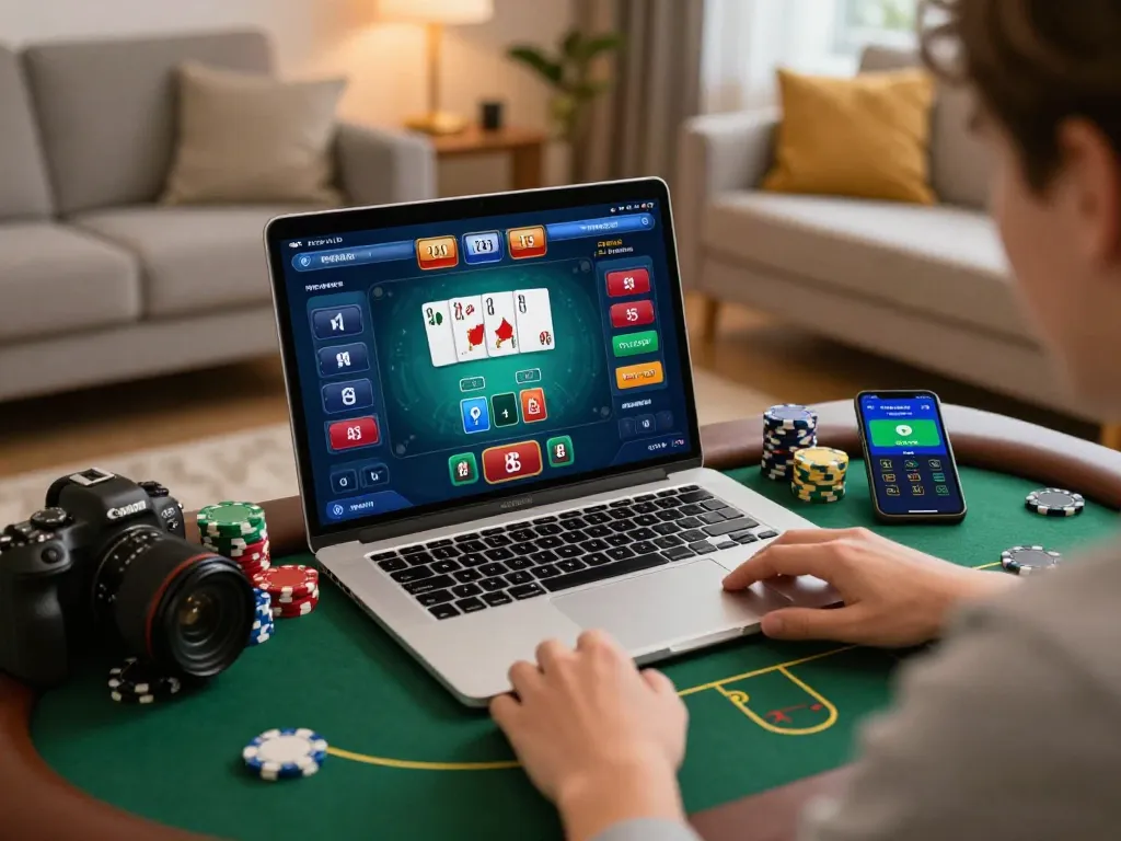 Player enjoying an online poker experience with 8live on laptop, surrounded by chips and a betting app.