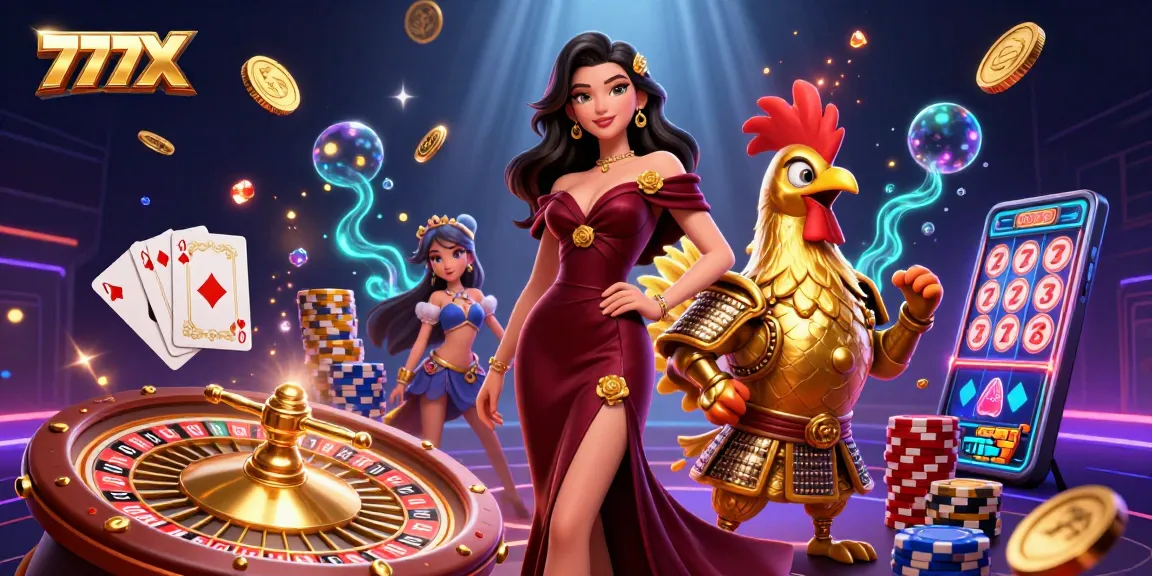 Experience the immersive world of 777X with glamorous characters amidst dynamic casino elements.