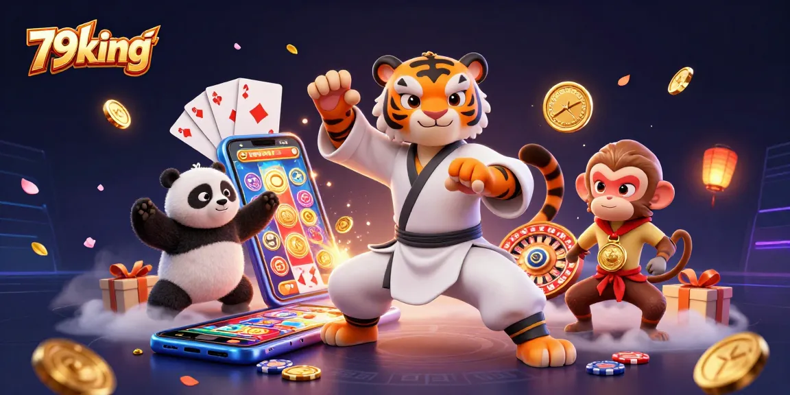 Experience thrilling gaming with 79king through a dynamic 3D illustration of skilled characters in action.