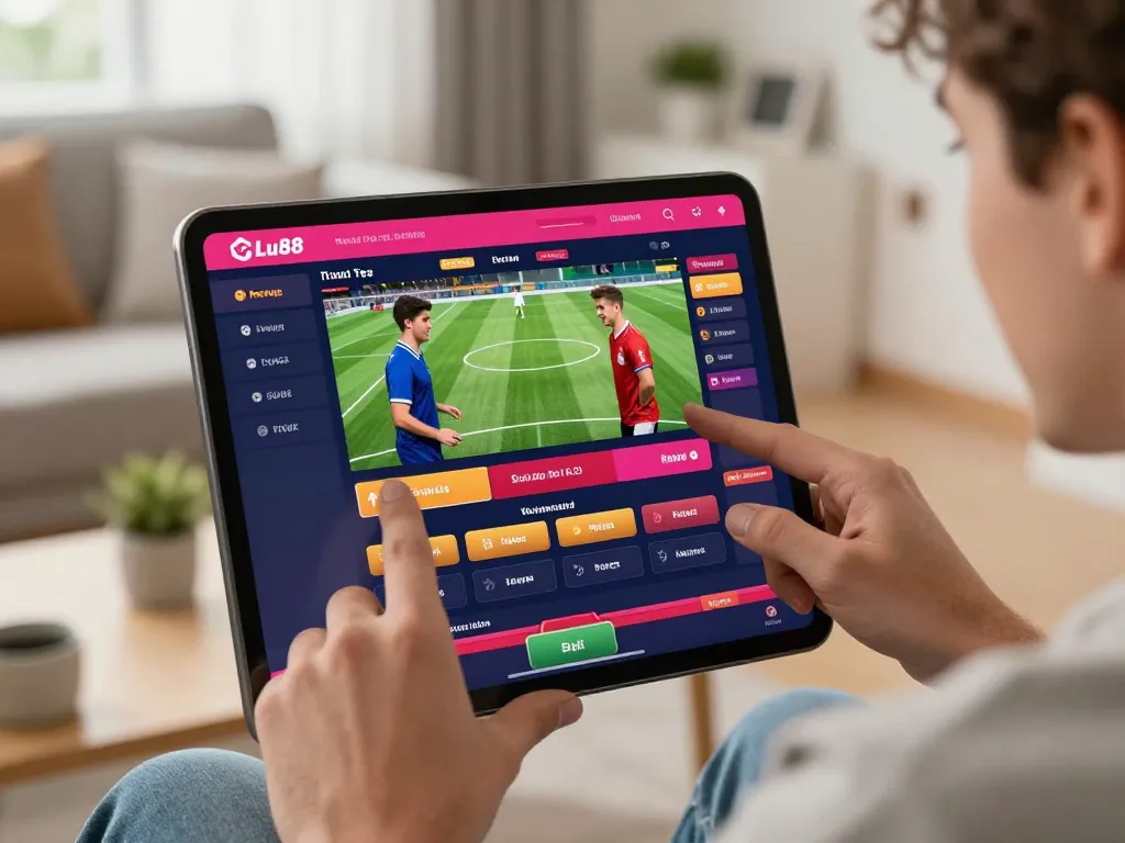 Engaged user placing bets on Lu88 sports betting app in a cozy home setting