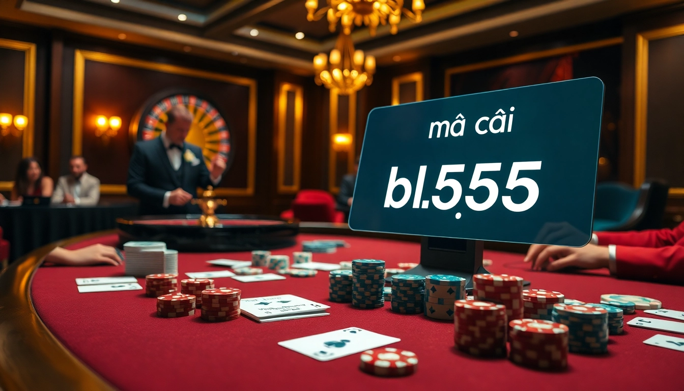 A dynamic gaming scene at nhà cái bl555 featuring poker chips, playing cards, and a spinning roulette wheel.