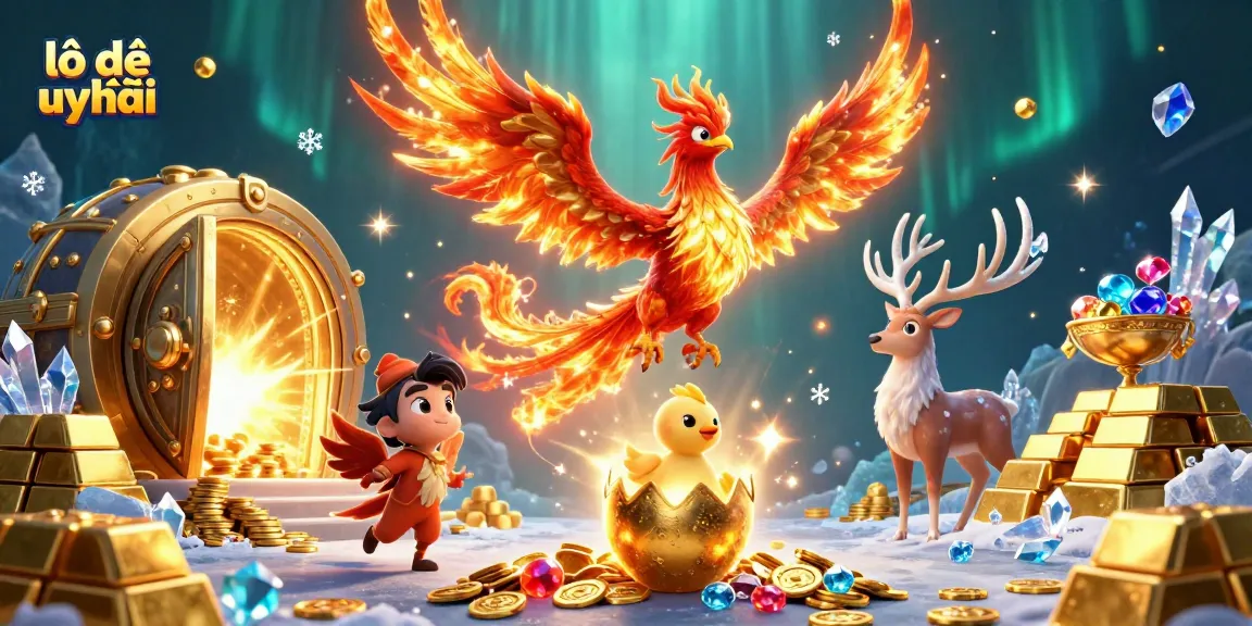 Engage in lô đề uy tín with a vibrant 3D scene showcasing a phoenix, golden treasures, and a mystical stag.