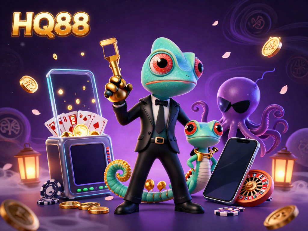 Engage with HQ88's thrilling casino adventure with a vibrant 3D illustration featuring a secret agent chameleon and gaming elements.