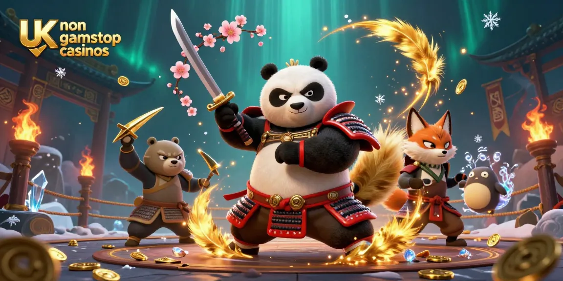 Experience the thrill of UK non gamstop casinos with a dynamic scene featuring a fierce panda warrior.