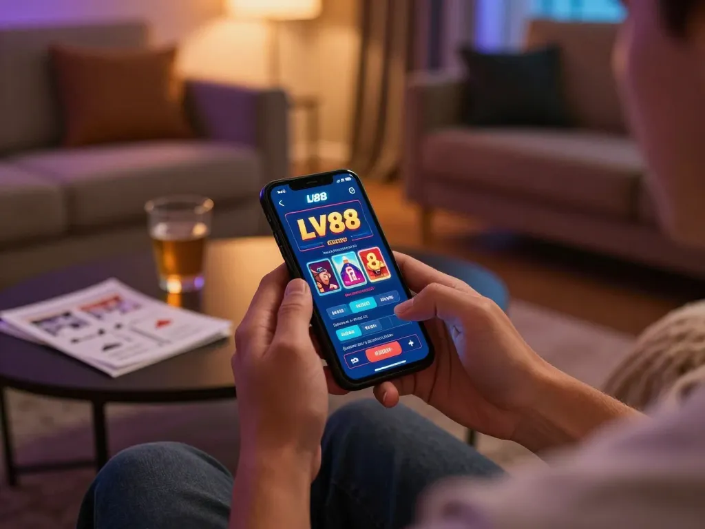 Player enjoying mobile gaming on LV88 app in cozy home environment, highlighting strategic involvement in online casino