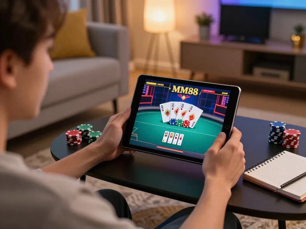 Engaging online poker moment with MM88 platform showcasing strategic gameplay and cozy home setting.