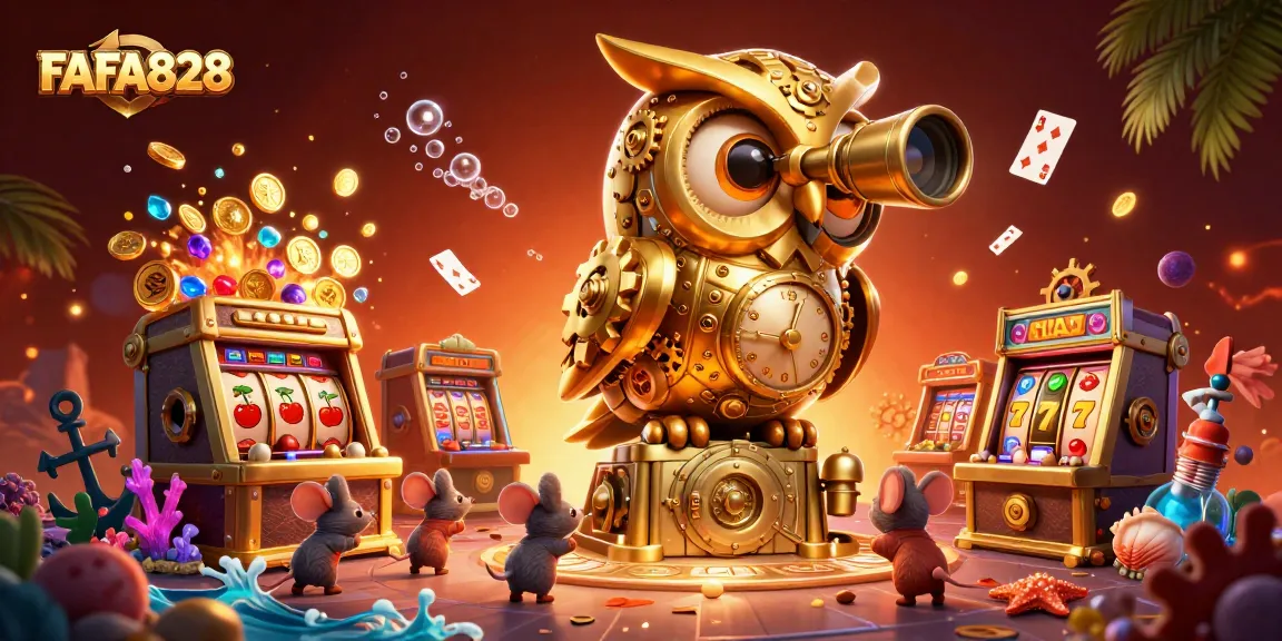 Engage in thrilling gameplay with FAFA828 and the lively clockwork owl on a vibrant casino floor.
