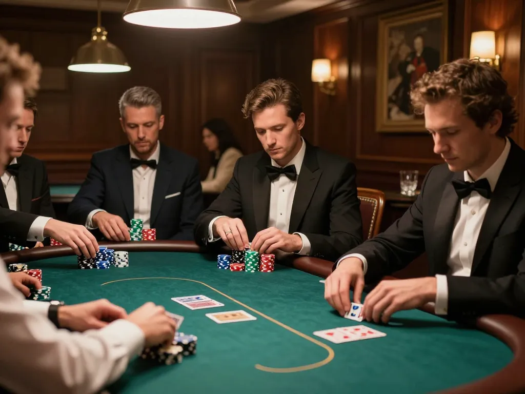 Players engage in a high-stakes poker game at debet, showcasing intense focus and elegant atmosphere.