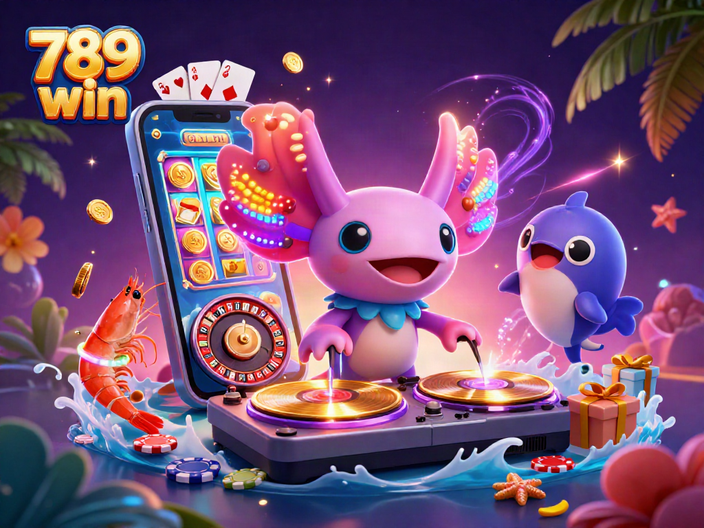 Dive into the vibrant 789 win scene with dancing axolotl DJ and exciting casino elements.