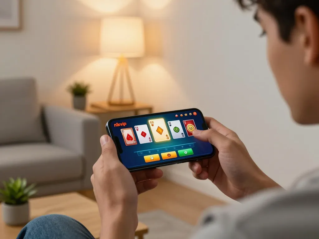 Player engaging with the rikvip casino app on smartphone, showcasing exciting game graphics in a cozy home setting.