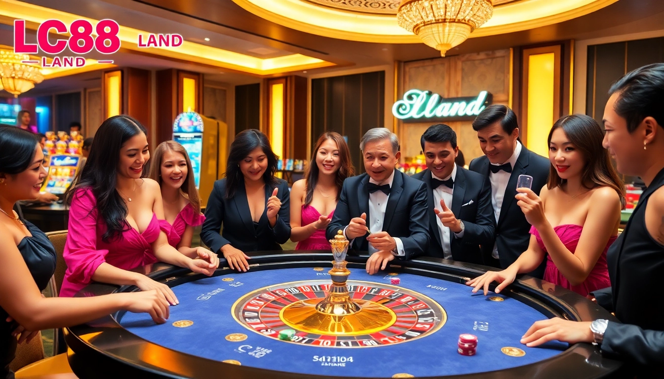 Gambling excitement at LC88 Land with poker chips and a roulette table in a luxurious casino setting.