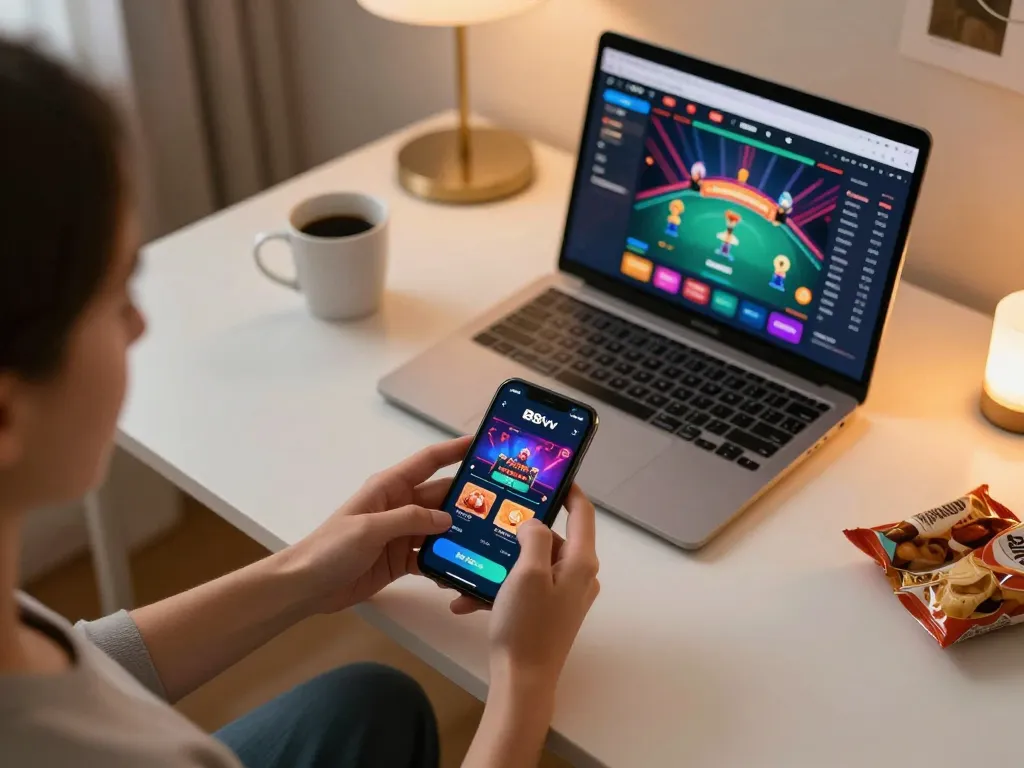 Engaging in gaming on the 88vv COM casino app while enjoying a cozy home setup.