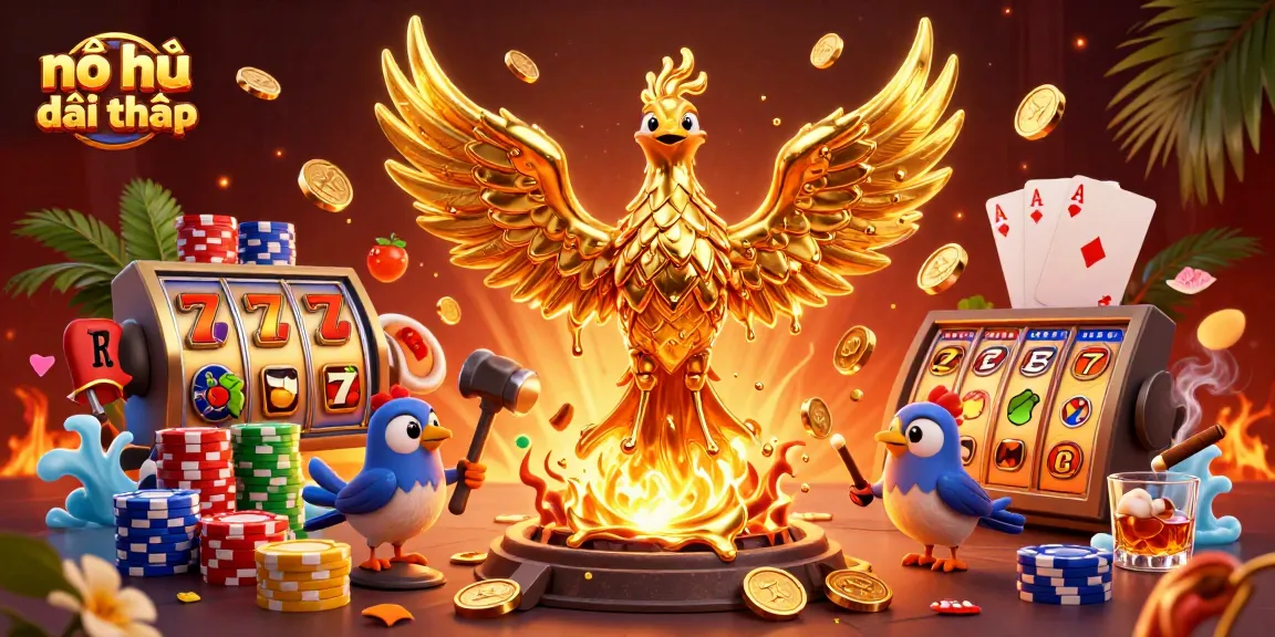 Experience nổ hũ đổi thưởng with a dynamic, illustrated scene of golden phoenix and gaming elements.