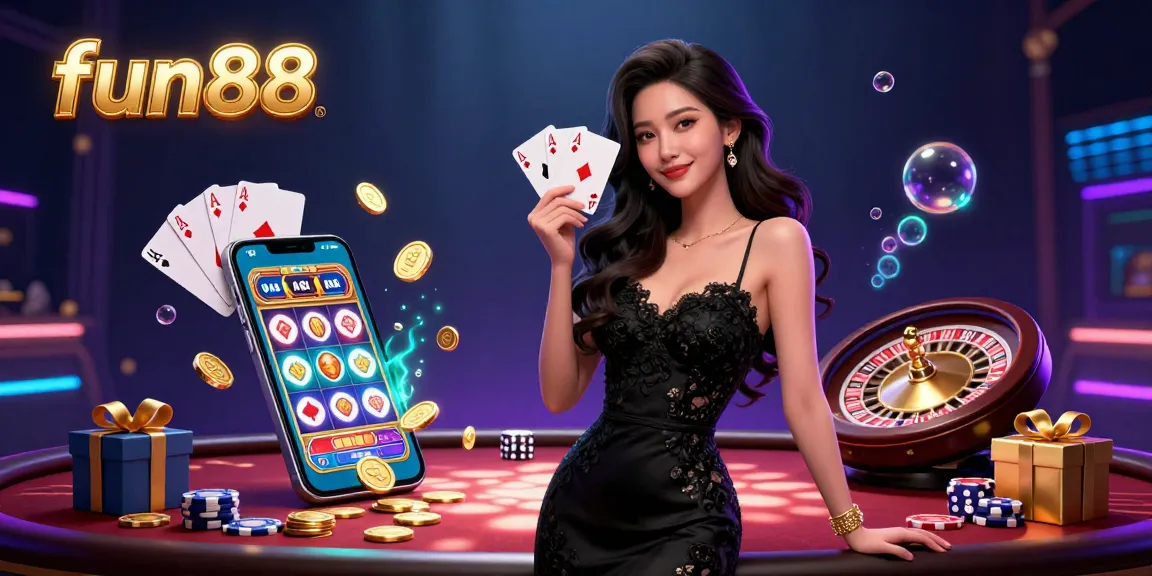 Engage in thrilling fun88 casino action with an elegant Asian woman holding playing cards amidst dynamic gaming elements.