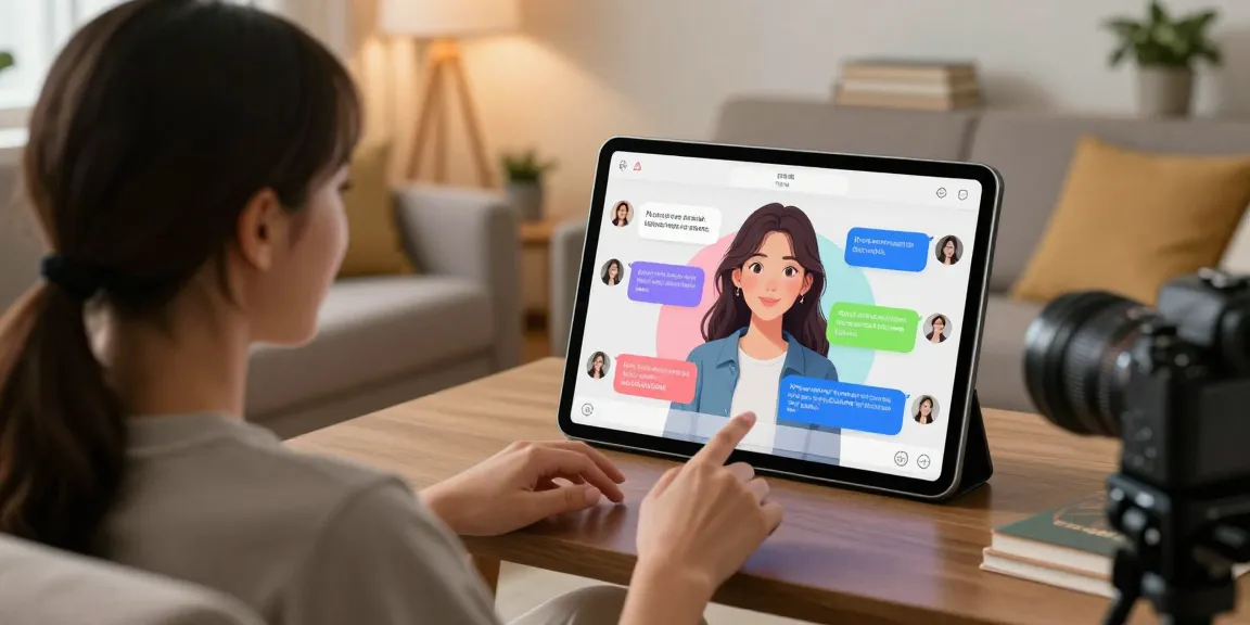 Engaging chat with an AI girlfriend on a tablet in a cozy setting.