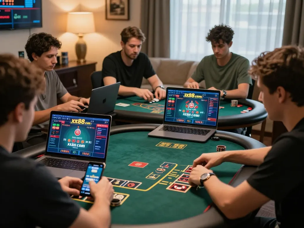 Players engaging in blackjack on xx88.com, showcasing strategic gameplay in a cozy home environment.